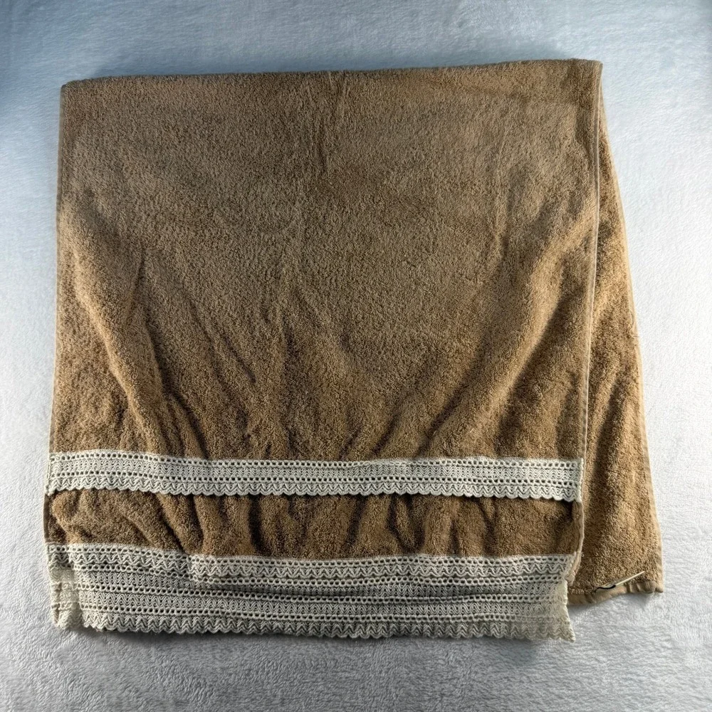 Premier Collection 3pc Towel Set Tan Cotton Crochet Lace Trim Made in Turkey